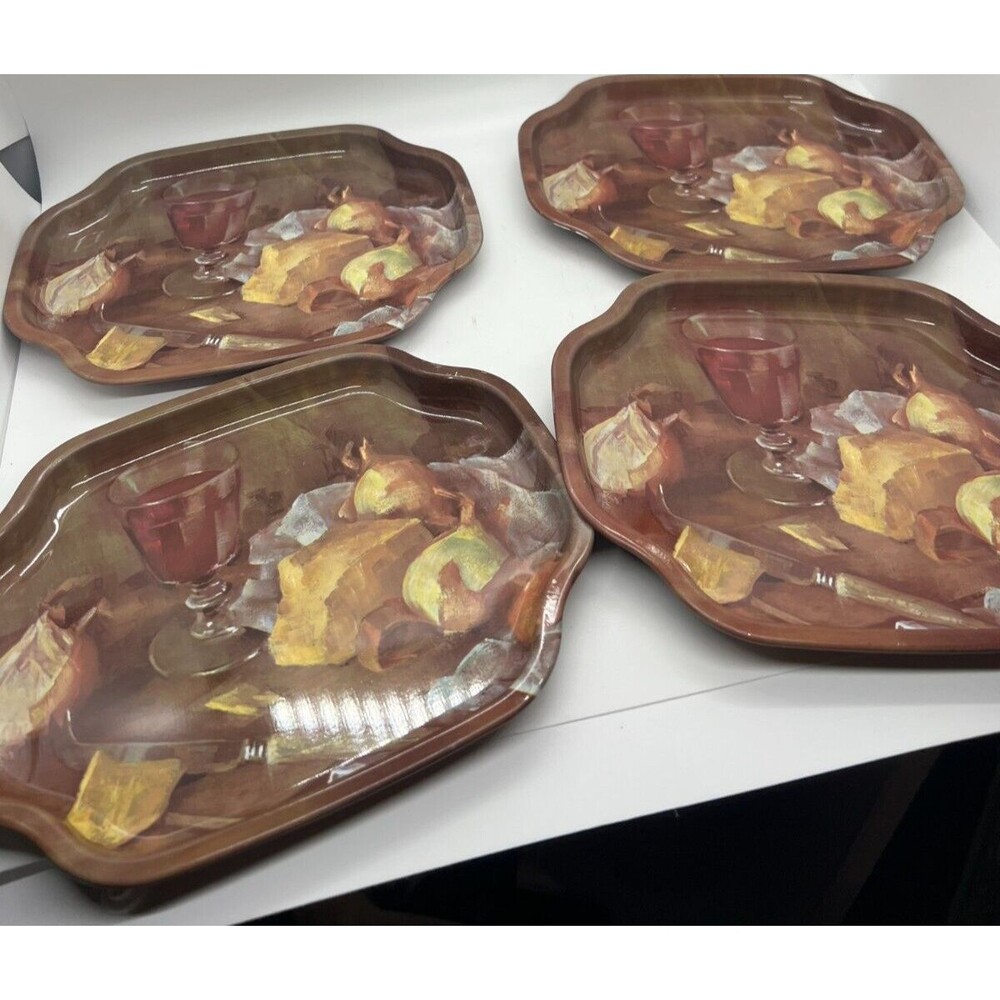 4 Elite Tray set England,  7.5" x 6"Vintage Kitchen Kitsch Wine Cheese dish mcm